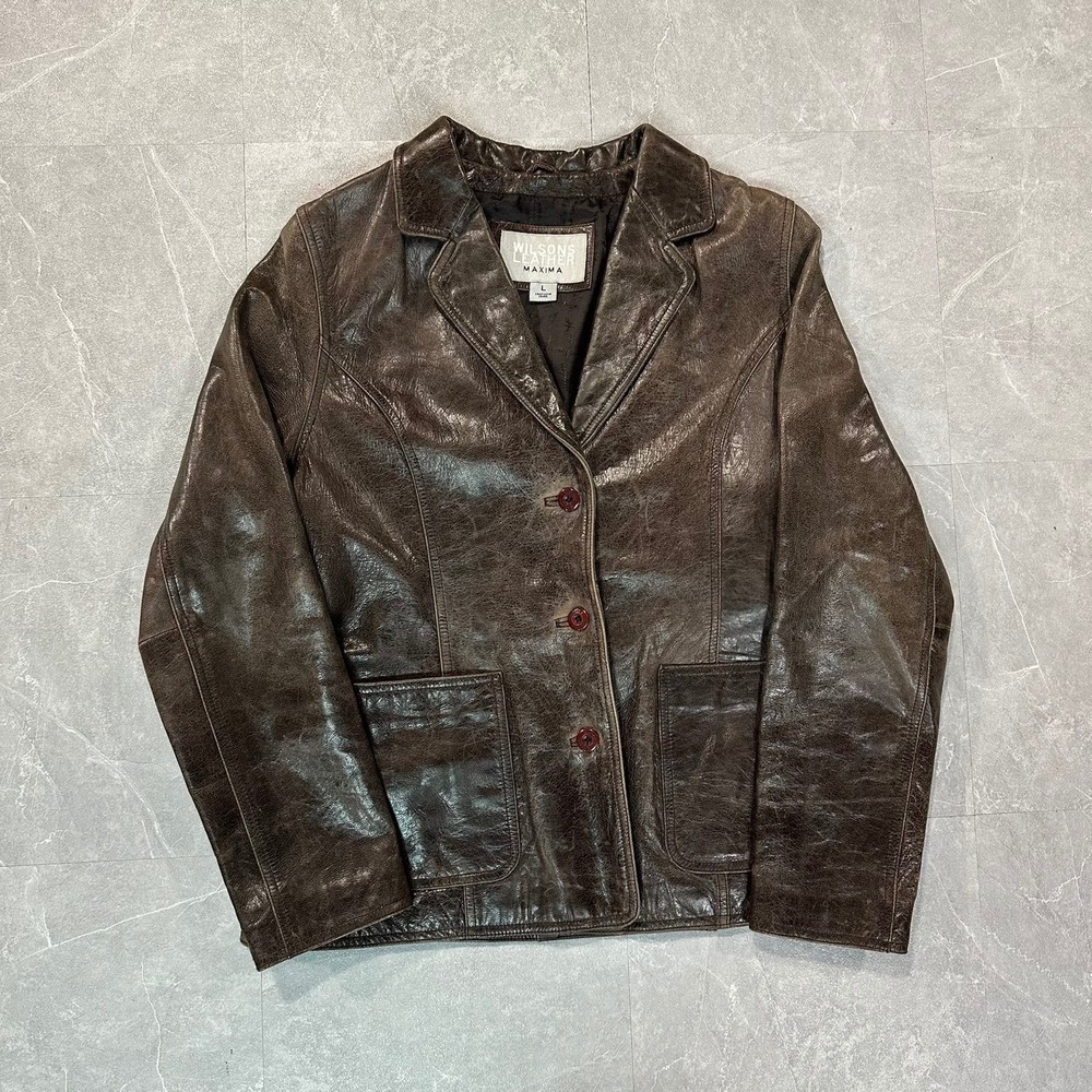 Wilsons Leather Maxima Brown Distressed Leather Blazer Jacket Womens Large